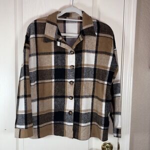 Women's Plaid Shacket Small Brown Beige Black Button Down EUC Oversized Shirt Ja